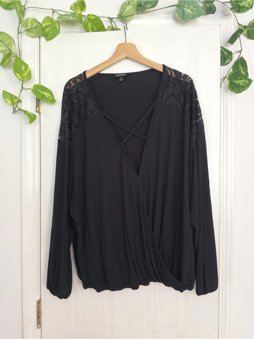 torrid Black Lace-Shoulder Crisscross Wrap Blouse